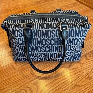 Moschino Monogram Canvas and Leather Boston Shoulder Vintage Bag Navy Blue